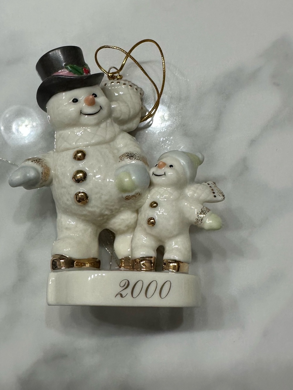 Lenox White and Gold Snowman Family Ornament with Black Hat